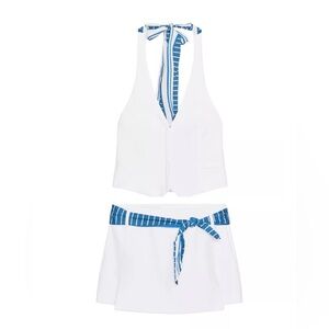 Zara Set - White Halter and Skort with Blue Scarf Ties